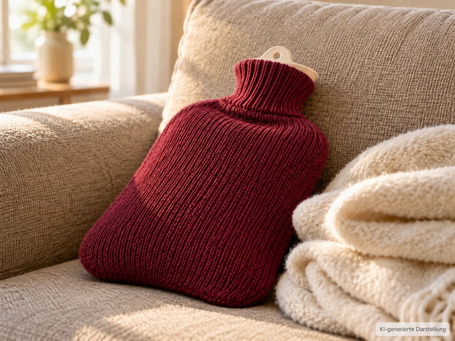 Eine bordeauxrote Wärmflasche mit Stoffhülle liegt neben einer hellen Decke auf einem beigen Sofa.